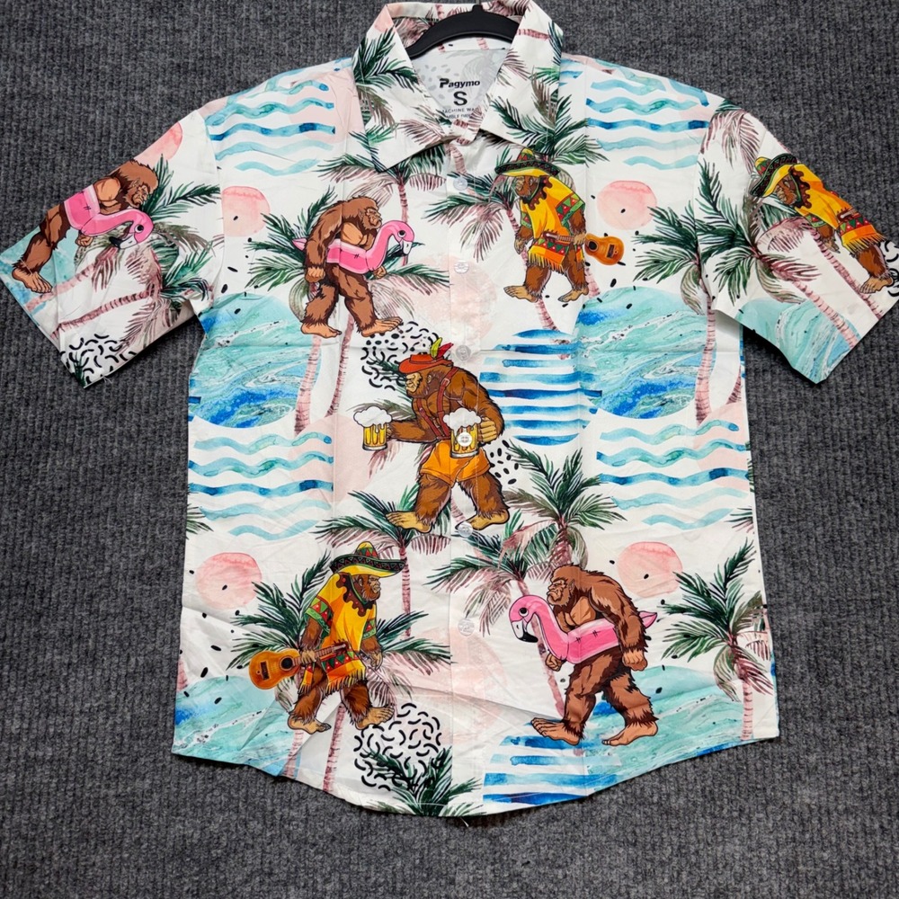 Pagymo Mens Small Hawaiian Shirt Bigfoot Tropical Print Button Up Novelty NEW